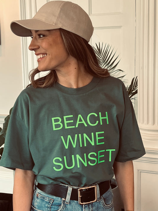 Beach Wine Sunset Boxy Fit Organic Cotton Tee - Sage Green  with a Neon Lime font.