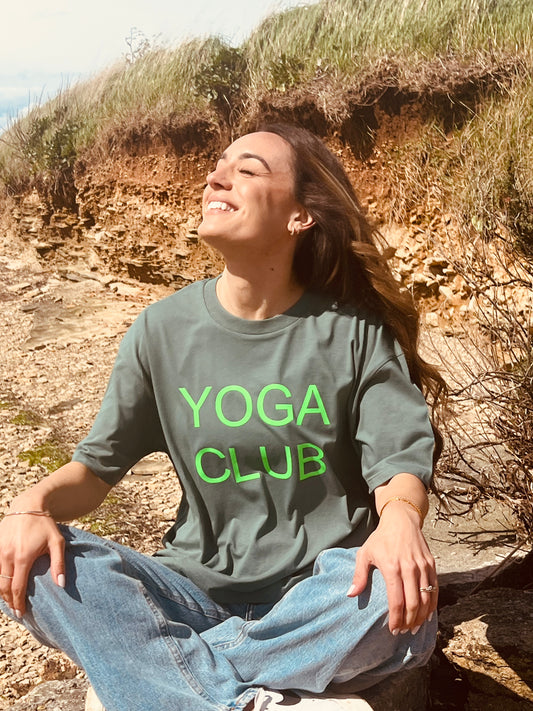 Yoga Club Boxy Fit Organic Cotton Tee - Sage Green  with a Neon Lime font.