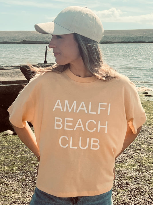 Amalfi Beach Club Slogan Boxy Fit Organic Cotton Peach Tee