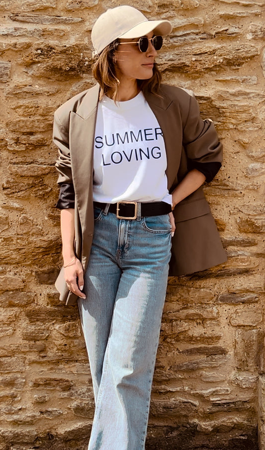 Summer Loving Slogan Boxy White Fit Organic Cotton Tee with a Navy font.