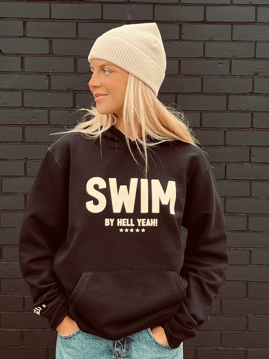 NEW IN SWIM CHEST LOGO BLACK OVERSIZED HOODY WITH HELL YEAH CUFF LOGO