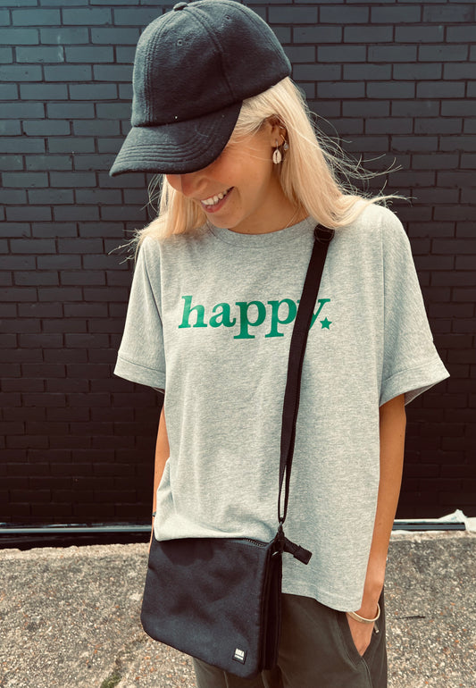 Happy Organic Cotton Grey Marl  Very Cool Loose Tee with Green Printed Slogan.