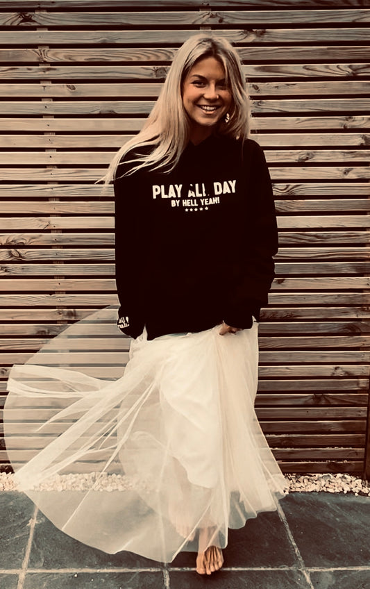 NEW IN PLAY ALL DAY CHEST LOGO BLACK OVERSIZED HOODY WITH HELL YEAH CUFF LOGO